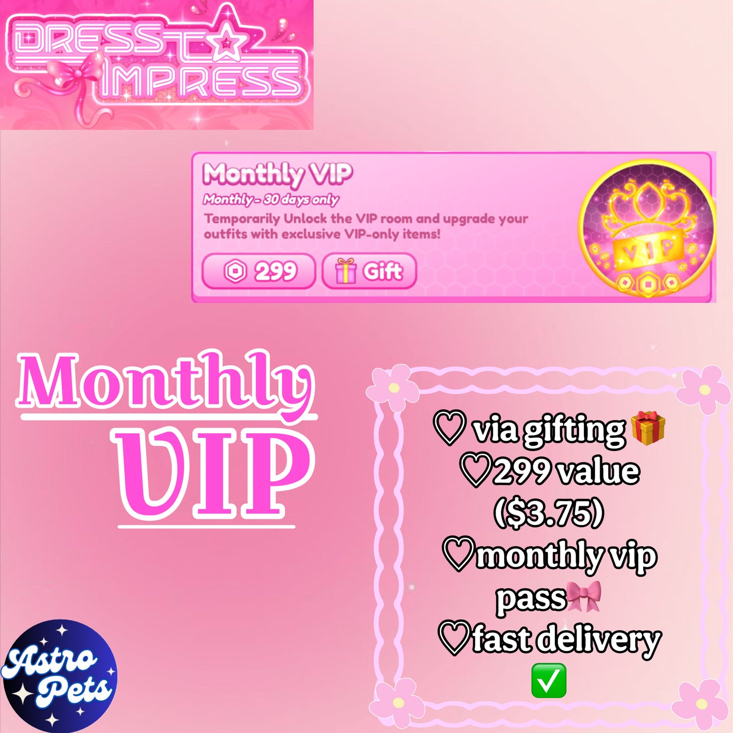 Monthly VIP🎀 | Dress To Impress (via gift🎁) read desc